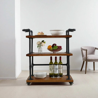 3-Tier Rolling Bar Carts And Serving Cart, Mobile Beverage Coffee Cart & Metal Kitchen Wine Cart With Handrail And Wheels, Rustic Brown And Black by 17 Stories