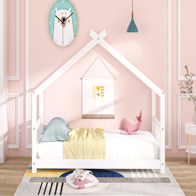 Twin Size House Bed Wood Bed, White, Twin, White