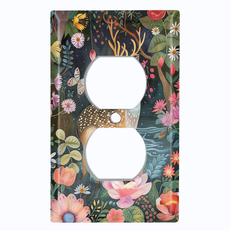 Couvercle de plaque d'interrupteur en métal; Rectangle 1 bande US standard - cerf dans une forêt florale, Prise double # 8