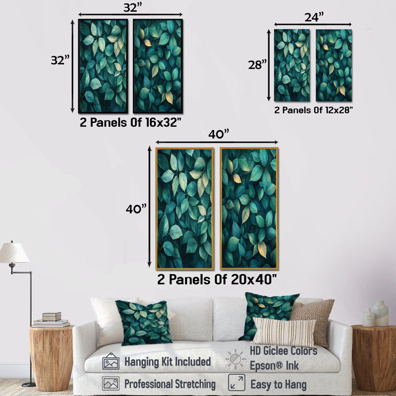 Emerald Green Leaves Lush Layers I - Art mural floral 2 panneaux, H 28 po x l 25 po, Toile tendue