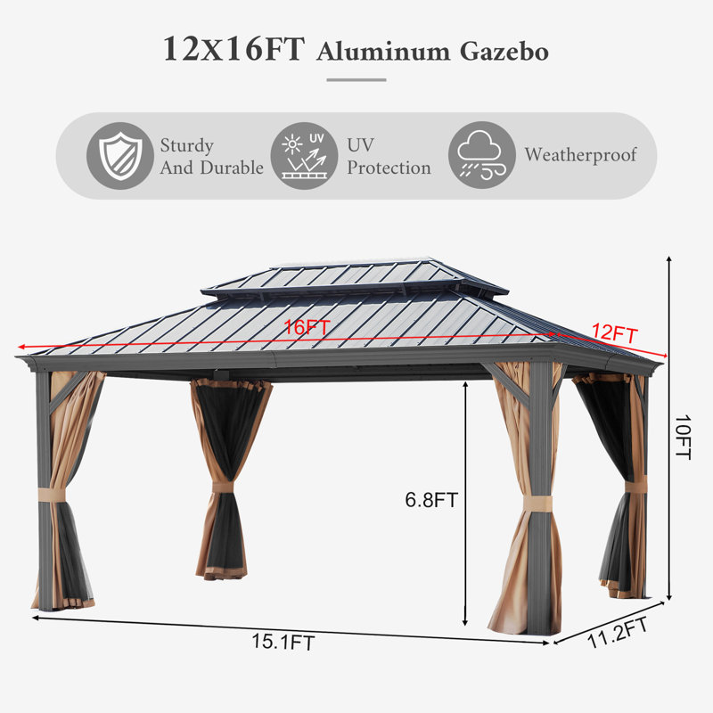 12ft x 16ft Hardtop Patio Gazebo with Aluminum Frame and Galvanized Steel Double Roof