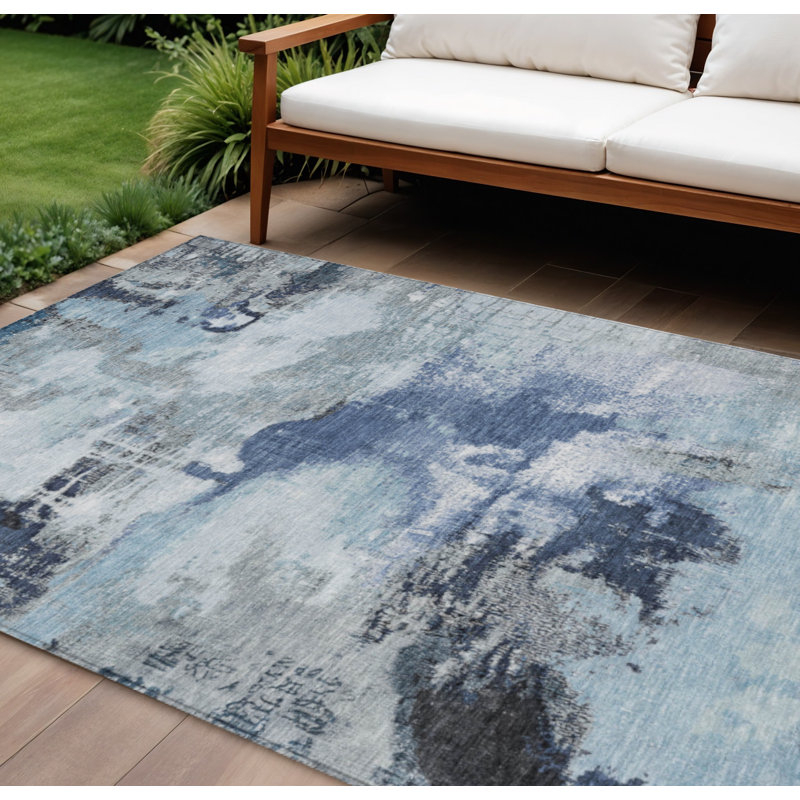 Tapis intérieur/extérieur abstrait bleu ivoire et gris 10' x 14' lavable