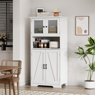 Armoire de rangement autoportante avec portes en verre trempé - Tablettes et comptoir réglables, grande armoire moderne en bois pour la cuisine, la salle de bain, le salon, le couloir (blanc, 60 x 30 x 128 cm)