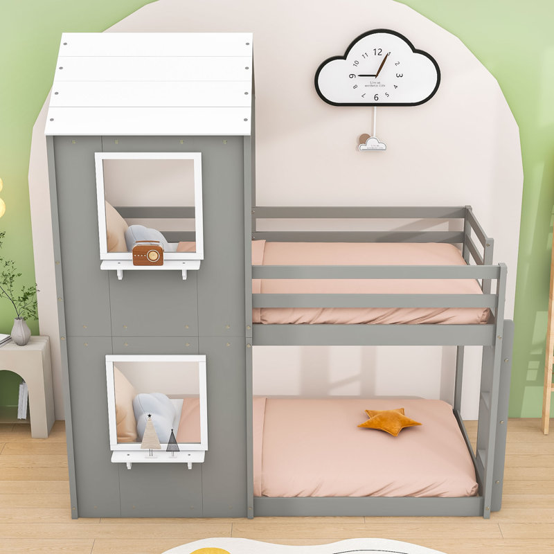 Lit superposé simple en bois en forme de maison avec toit incliné et fenêtre, Grey
