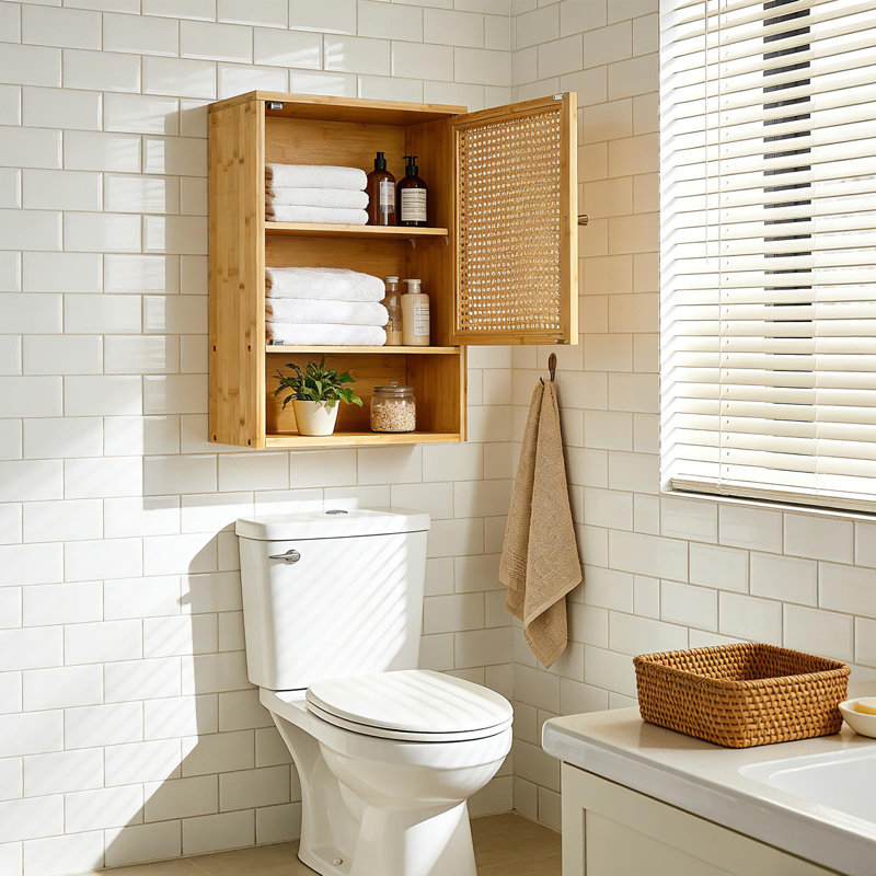 Bathroom Wall Cabinet with Rattan Doors, 3-Tier Storage Shelves, Magnetic Close Medicine Cabinet, 33 lb Capacity, Natural