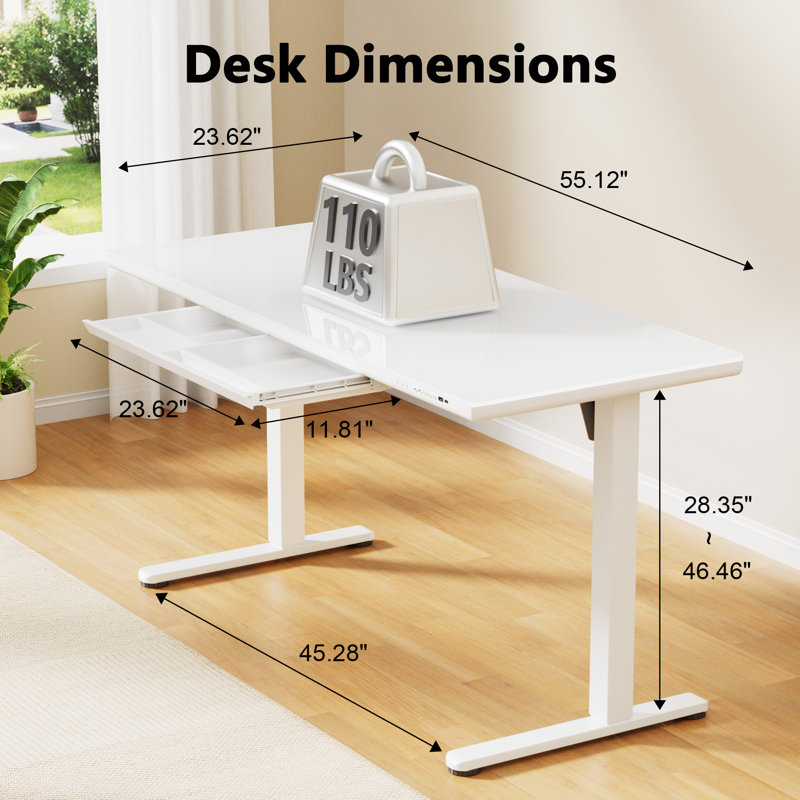 Bureau debout à hauteur ajustable en verre de 55 po avec tiroir et charge USB, écran à DEL et support pour téléphone portable, blanc