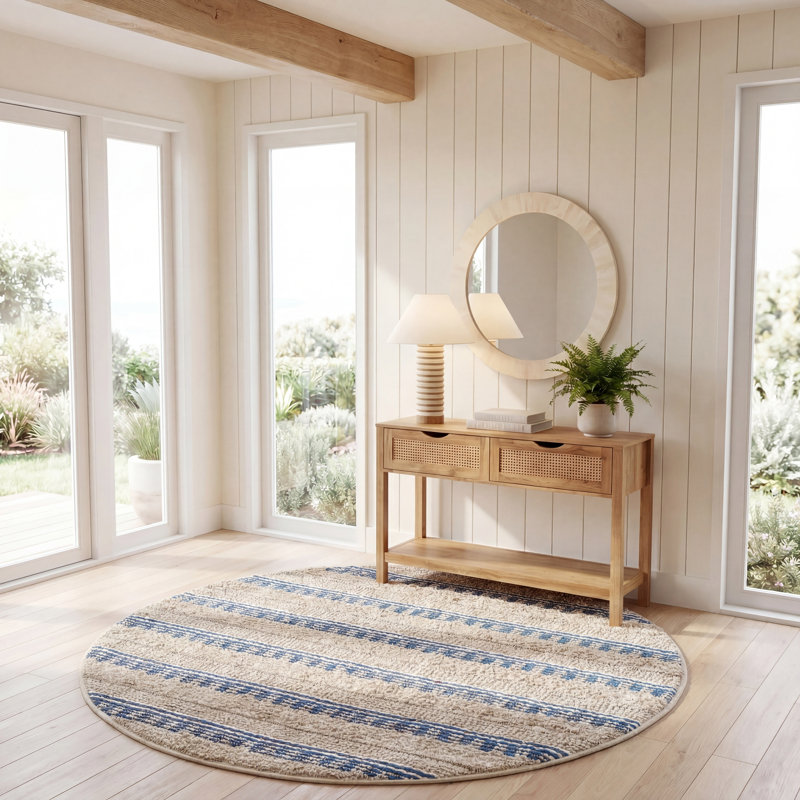 Tapis rayé beige / bleu en coton tissé à la main Endri, Rond 6 pi