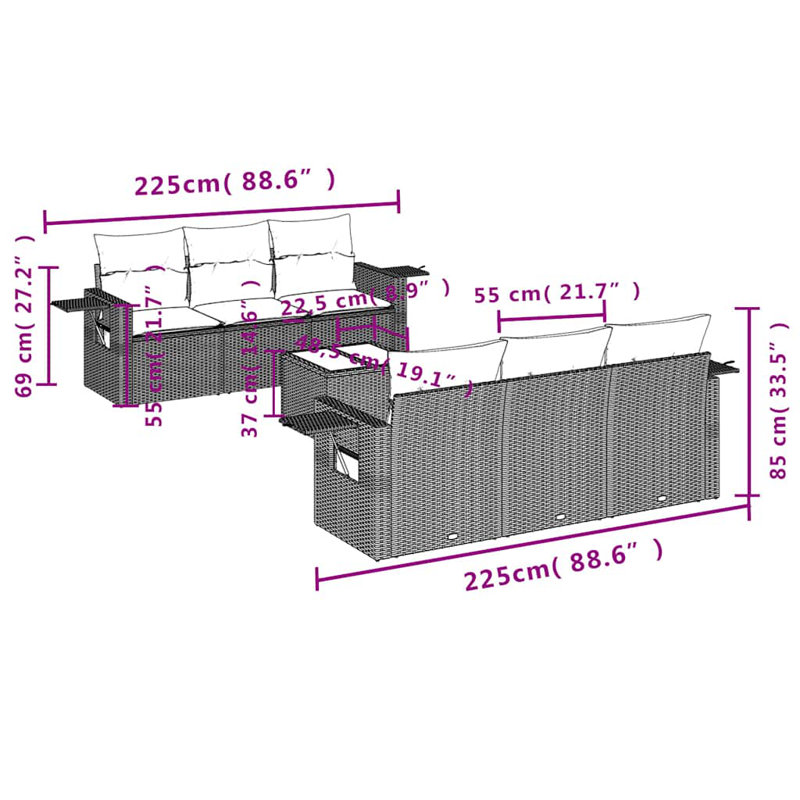 Ensemble de canapé de patio 7 pièces avec coussins en rotin de polyester, Gris, Marine