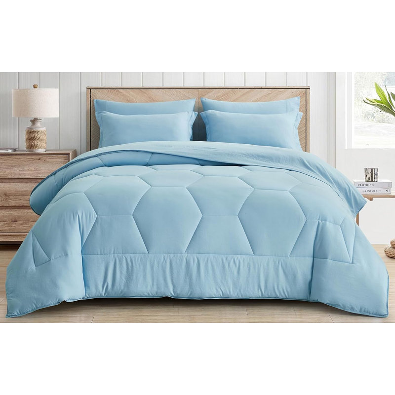 Washed Microfiber 7-Pieces Honeycomb Comforter Set with Sheets, Oversized King Comforter + 6 Additional Pieces, Chambray