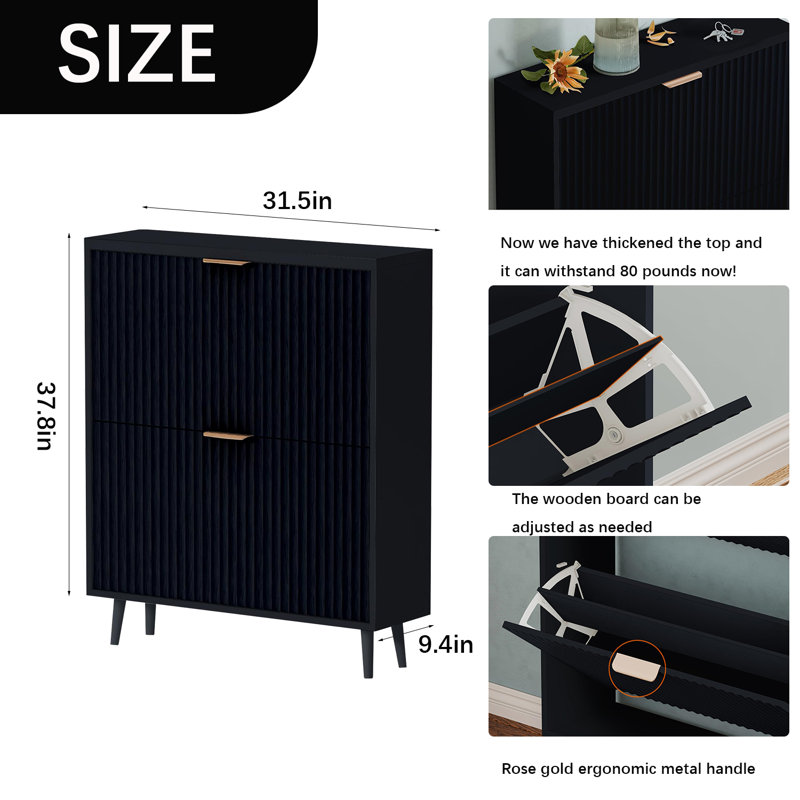 Slim Shoe Cabinet With Flip-Top Drawers, Black