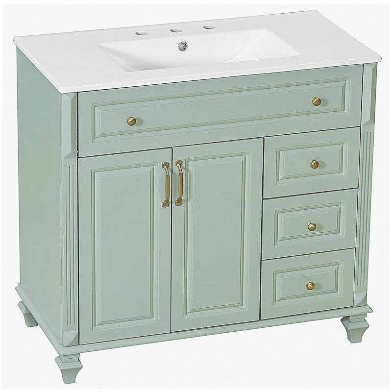 Meuble-lavabo de 36 po avec lavabo, armoire de salle de bain en bois massif vert avec tiroir rabattable, 3 tiroirs et 2 portes, conception élégante avec poignées en métal doré, meuble-lavabo moderne en bois aggloméré pour le rangement de la salle de bain
