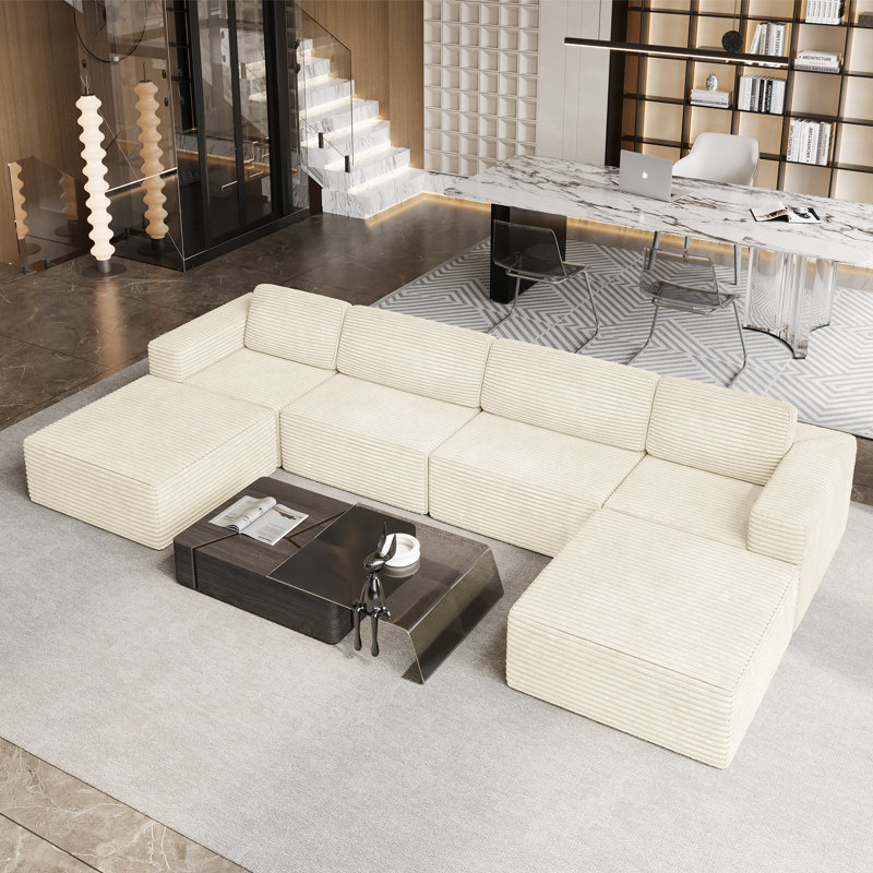 Modular Corduroy 404cm 4-seater Sofa With 2 Ottomans, No Assembly Required, With High Rebound Sponge, Beige