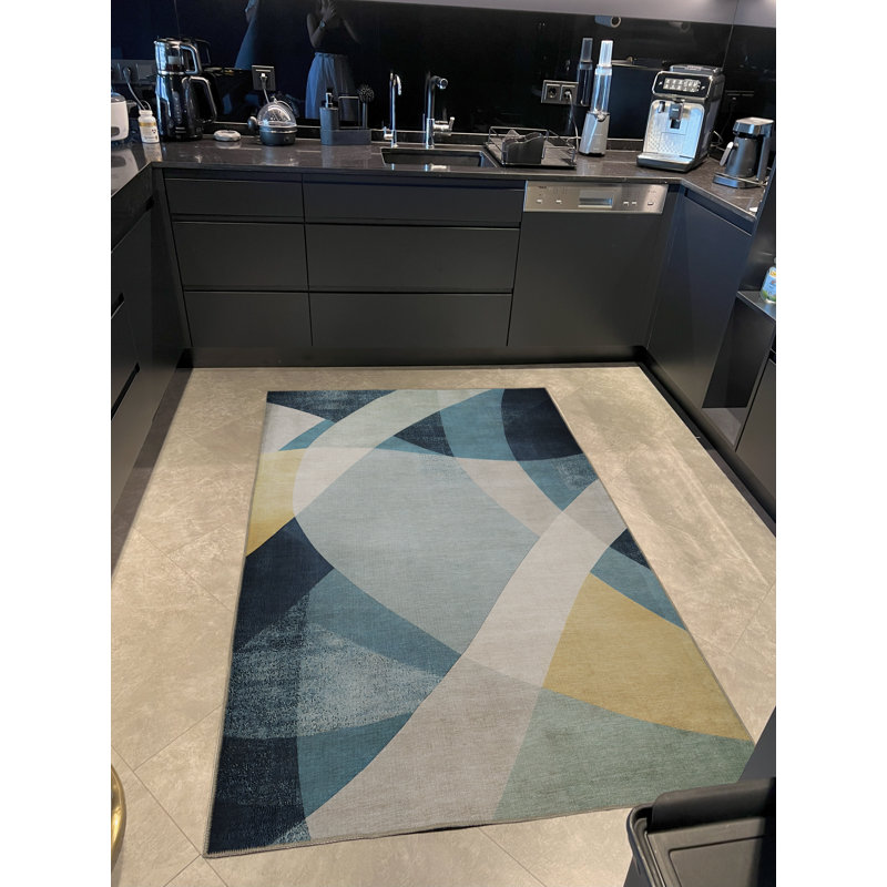 Blue-Toned Multi-Colored Geometric Shape Patterned Creative Modern Decorative Rug, Rectangle 3'11.24" x 5'10.87"