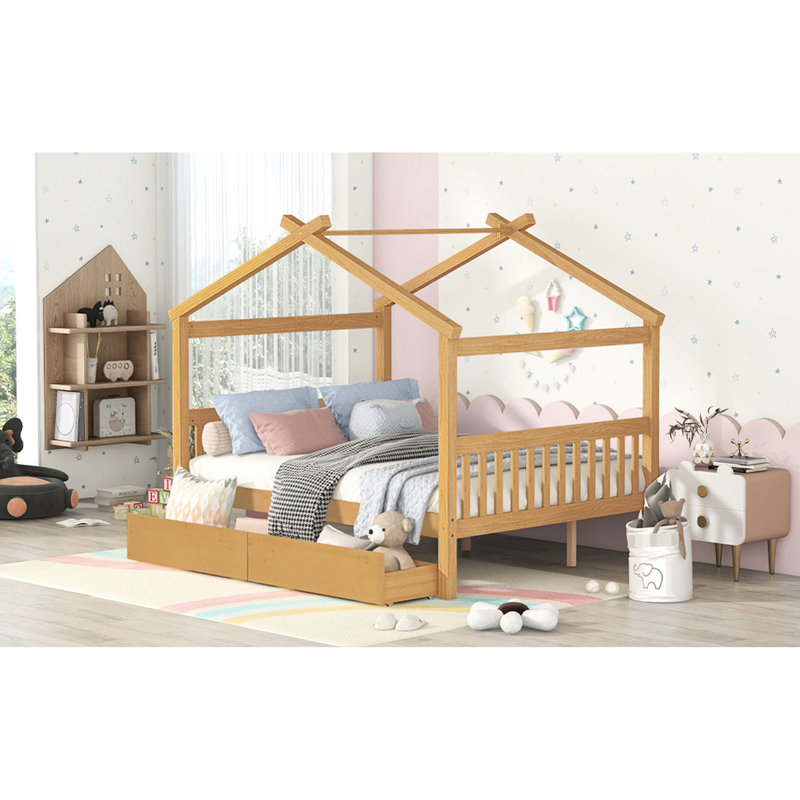 Lit double en bois pleine grandeur avec tiroirs, conception imaginative, pieds robustes, lit naturel confortable, deux tiroirs pour l'organisation et stable