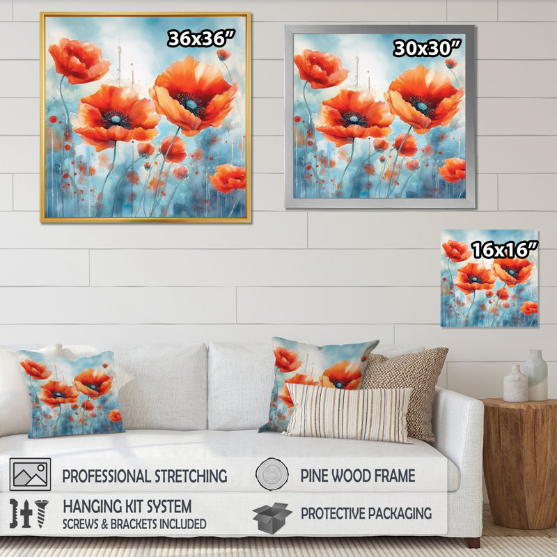 Corail vibrant coquelicots I sur toile, H 16 po x l 16 po x P 1 po, Cadre flottant noir