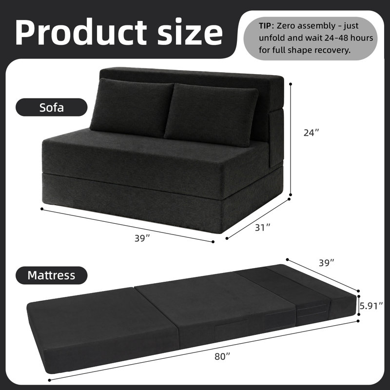 Boneless Folding Sofa Bed, Convertible Sleeper Chair with Pillow, Loveseat Fold Out Chair Bed, Memory Foam Floor Couch Mattress, Foldable Futon Couch Lounge for Living Room (Corduroy)