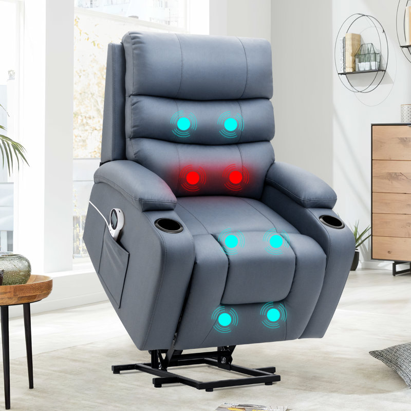 Power Lift Recliner Chair with Massage and Heat for Elderly, with 2 Cup Holders, Blue Microfiber