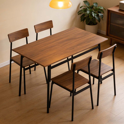 5-piece Modern Wood & Metal Dining Room Set, Seats 4 For Indoor, Walnut Color