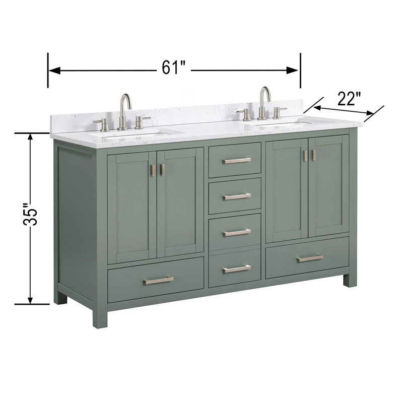 Modero 60" Double Bathroom Vanity with Top, Cala White, Brushed Nickel, Smoke Green