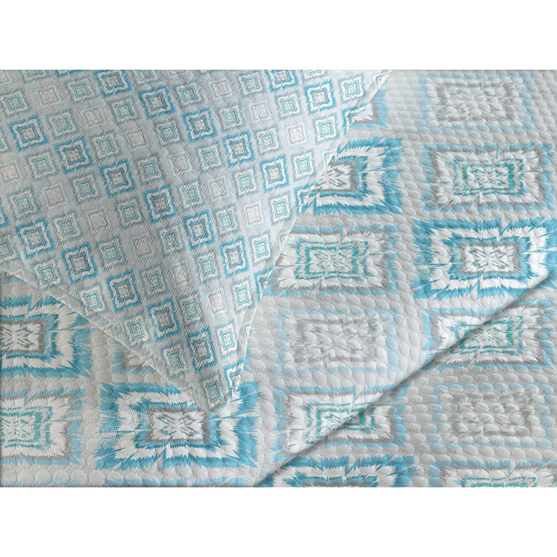 White and Sky Blue Quilted King Bedspread Set