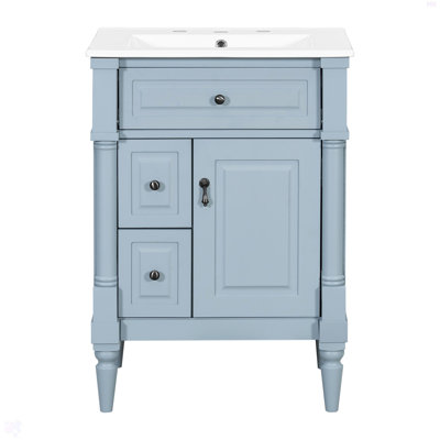 Meuble-lavabo de 24 po avec lavabo, armoire de salle de bain autoportante gris-bleu avec tiroir rabattable, tablette réglable, structure en bois d'hévéa massif, panneaux de fibres à densité moyenne et poignées en métal