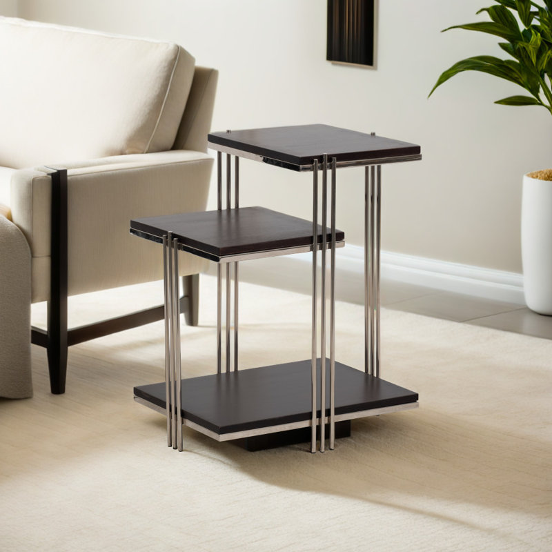 Table d'appoint à trois niveaux en métal et bois de manguier