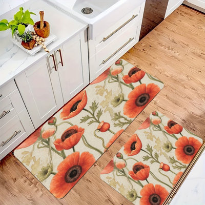 Tapis de cuisine antidérapant à motif floral rouge coquelicot, 2 pièces