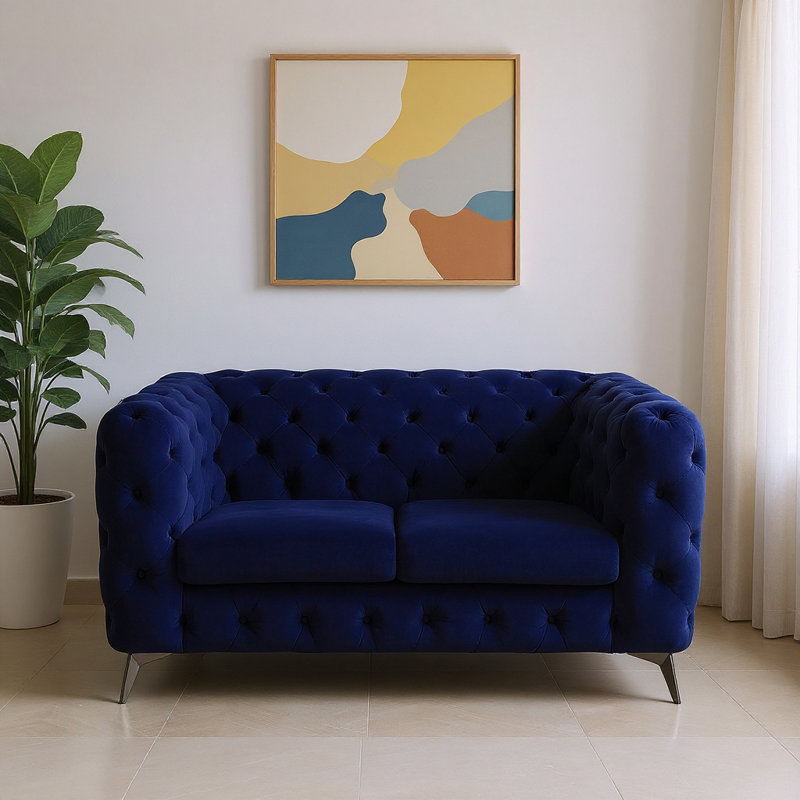Causeuse en velours bleu et argent 72 po