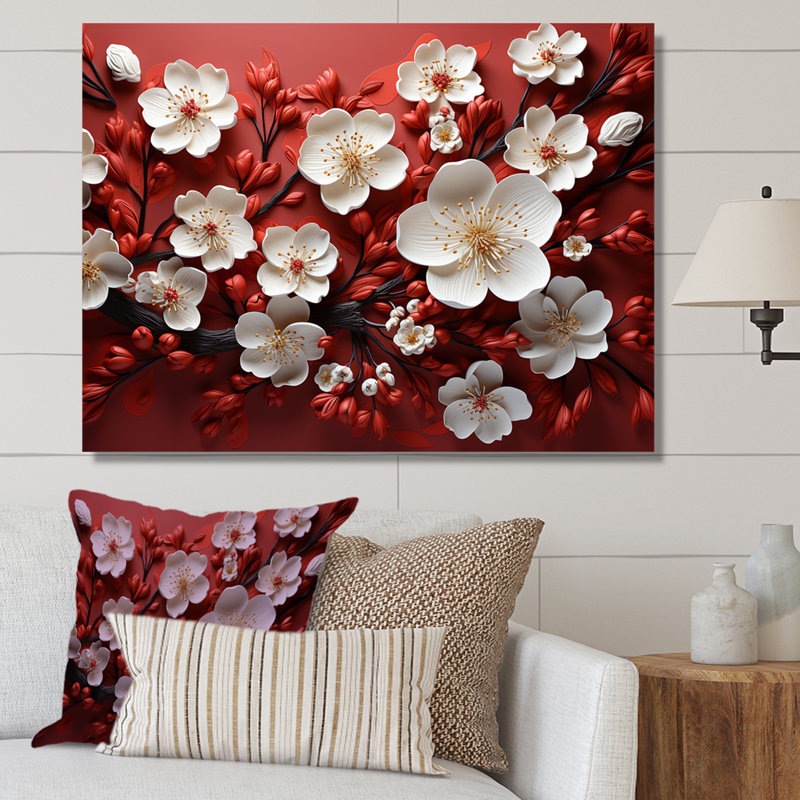 Branches de fleurs d'orchidées blanches et rouges I - Art abstrait floral encadré, Toile tendue, H 16 po x l 32 po x P 1 po
