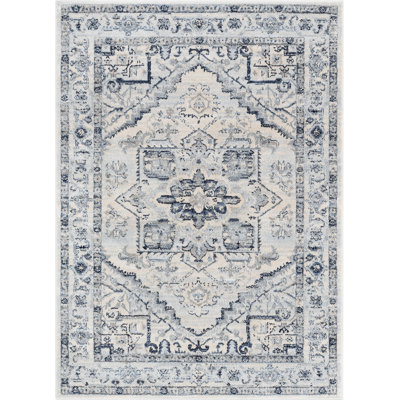 Tapis oriental ivoire bleu à motif médaillon Tashheria pour le salon, la chambre à coucher et la salle à manger