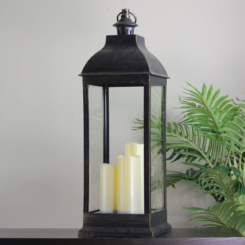 28" Gold Brushed Black Lantern with Flameless LED Candles