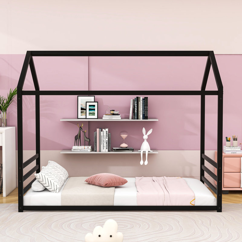 Metal Floor Bed With House-Shaped Design, Twin