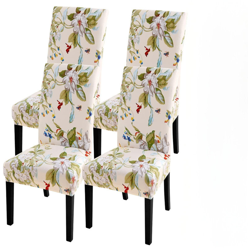 Ensemble de 4 housses de chaise, housses de protection parsons extensibles et lavables Spandex Super Fit pour salle à manger, hôtel, cérémonie, beige et fleurs