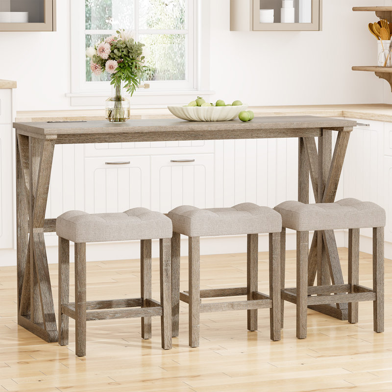 4-Piece Farmhouse Counter Height Dining Set with Upholstered Stools for Small Spaces, Beige