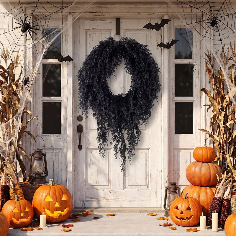 Couronne artificielle noire d'Halloween de 50 cm (20 po), couronne en cèdre | Décorations de fête effrayantes, porte d'entrée, intérieur/extérieur, mur/fenêtre/porche