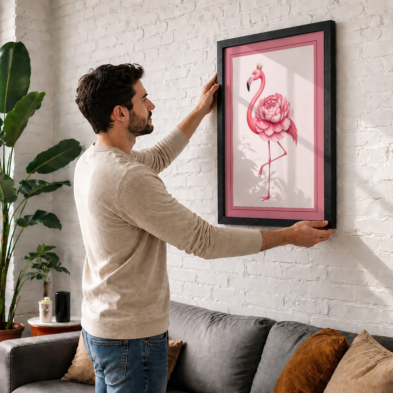 Flamingo in Bloom Botanical - Framed Print, A3 - 42.0 x 29.7 cm, Oak