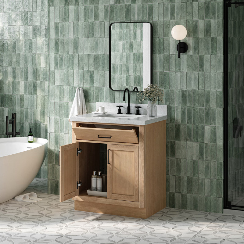 Tidworth 30'' Solid Wood Single Bathroom Vanity with 1.5'' Carrara Marble Top, Natural Oak / Matte Black, Rectangular