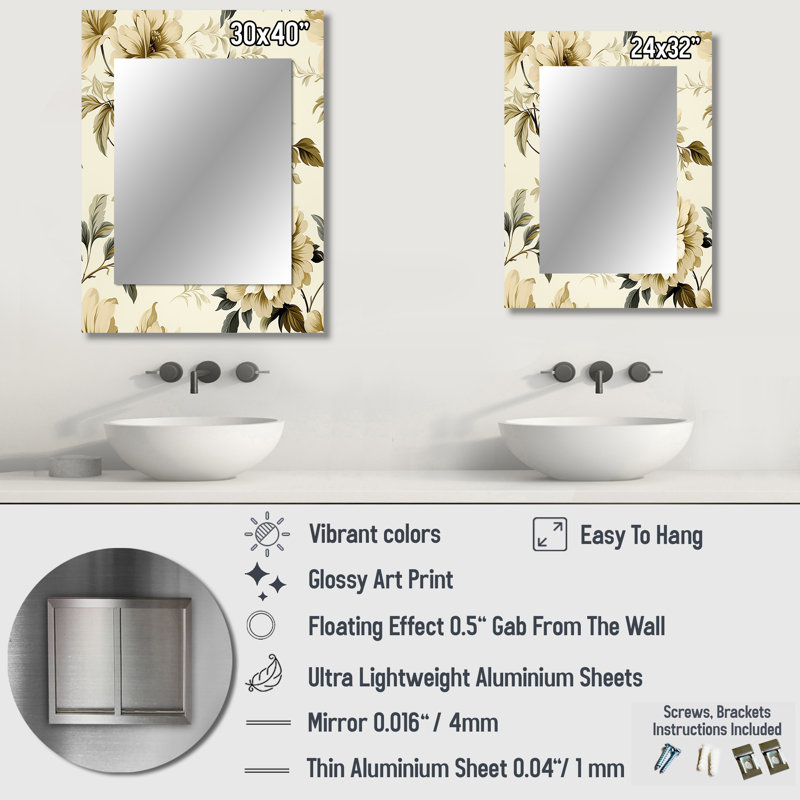 Kiser Minimalist Victorian Simplicity Victorian Pattern - Floral Wall Mirror, Floral Decorative Mirror, Printed Metal Art