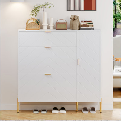 Shoe Storage Cabinet With Flip-Up Drawers And Shelves(White)