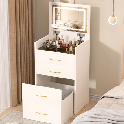 Bedroom Makeup Vanity With Soft Cushion And 3 Drawers - White Flip-Top Jewelry Organizer