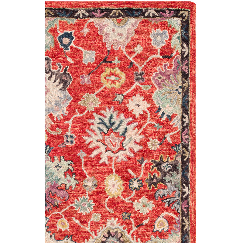 Tapis floral performance en laine / coton touffeté Dassie en ivoire / rouge, Rectangle 4 pi x 6 pi
