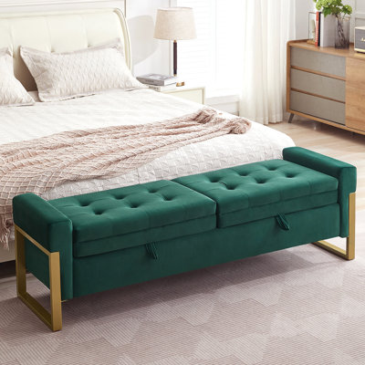 Drewes 66'' W Upholstered Storage Bench for Bedroom End of Bed King Size with Button-Tufted and Metal Gold Legs