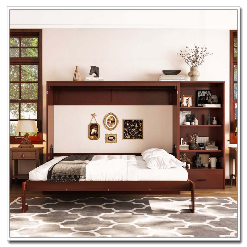 Grand lit escamotable avec compartiments de rangement réglables, Noyer