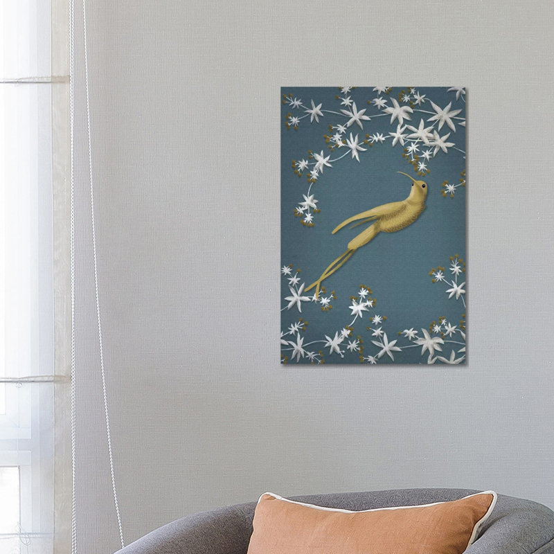 Golden Hummingbird II par Fab Funky - impression d'art graphique, H 26 po x l 18 po x 1,5 po, Toile tendue, Aucun mat