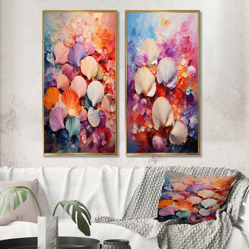 «Seashells Wonders On The Coast - Seashell», ensemble de 2 reproductions d'art sur toile, H 40 po x l 41 po, Encadrement doré