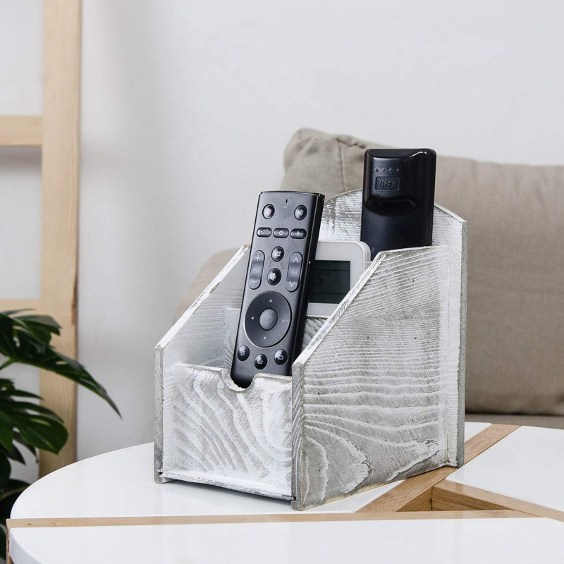 Rustic Wooden 3-Grid Remote Control Holder Country Style Desktop Storage Organizer