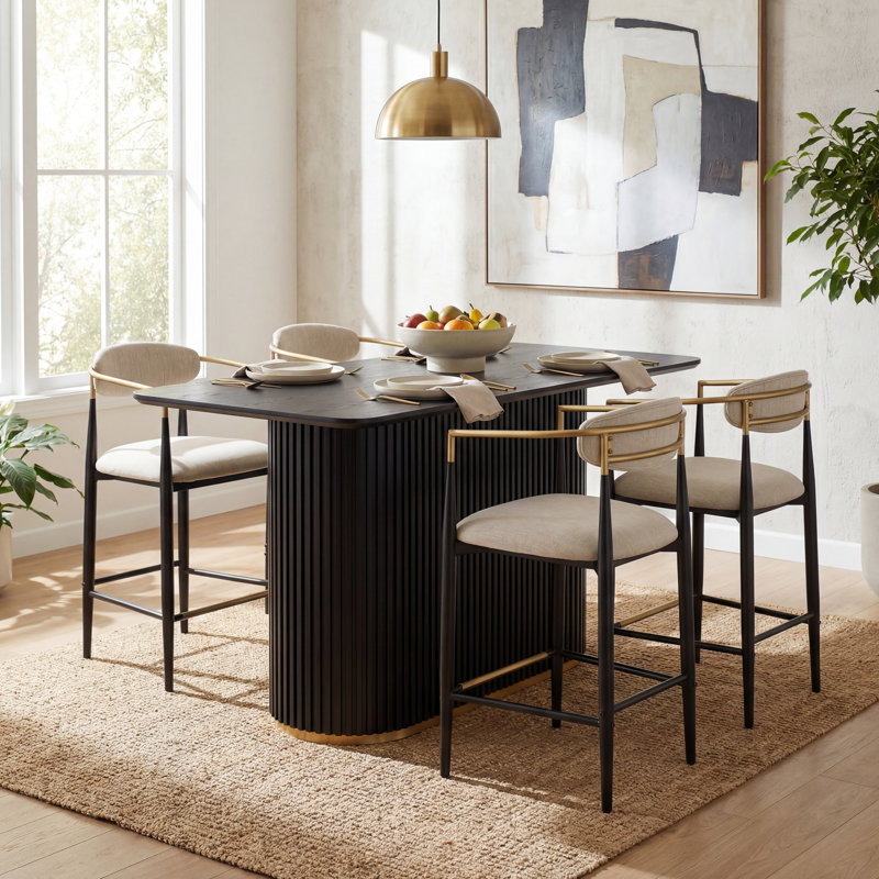 Kyra 5-Piece Mid-Century Modern Counter Height Bar Set With Metal Accent Upholstered Stools, Beige/Gold/Black, Black