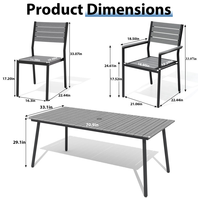 Ensemble de salle à manger de patio en aluminium pour 6 personnes avec chaises empilables et trou pour parasol, Gris foncé