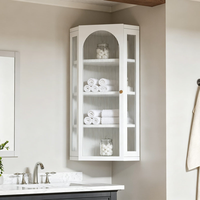 Armoire murale de coin de salle de bain avec portes et tablettes en verre, armoire à pharmacie suspendue en métal pour salle de bain, cuisine, salle de lavage