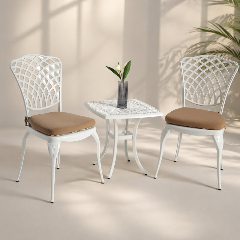 Ensemble bistro 3 pièces de mobilier de patio en aluminium coulé avec coussins Bistro, idéal pour le confort extérieur et la durabilité